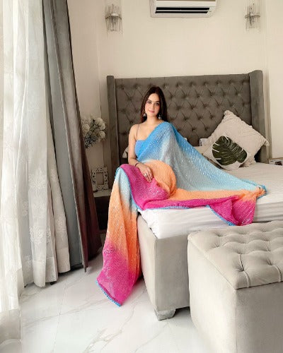 Multicolour Soft Georgette Crushed Sequenced Saree