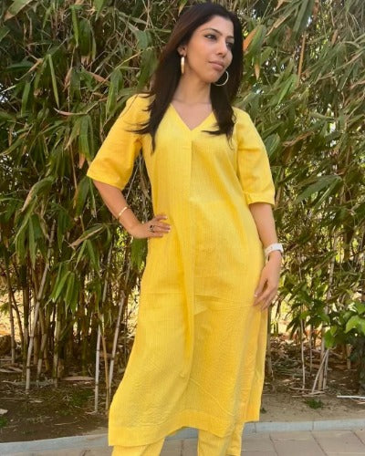 Premium Kantha Fine Cotton A-line Kurti Pant Set