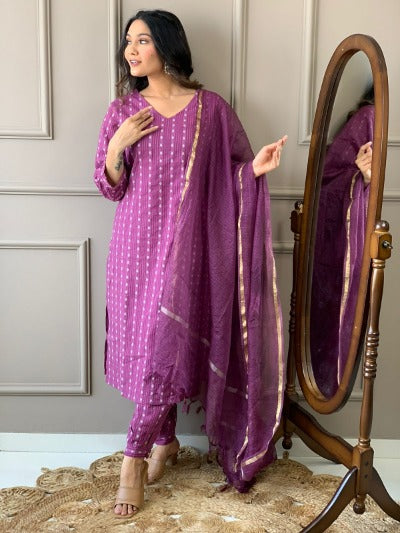 Purple Cotton Kantha Fabric Salwar Suit Set