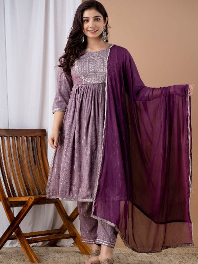 Wine Colour Cotton Niara Cut Salwar Suit Set