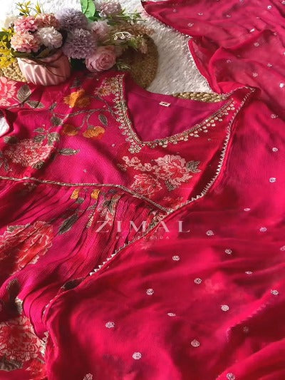Pink Floral Aliya Cut Chinnon Salwar Suit Set