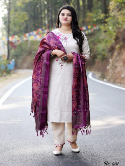 White Cotton Salwar Suit Set With Art Silk Dupatta
