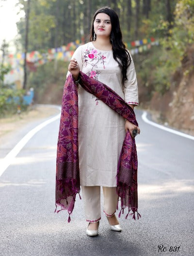 White Cotton Salwar Suit Set With Art Silk Dupatta