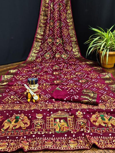 Pure Bandhej Silk Zari Embroidered Saree