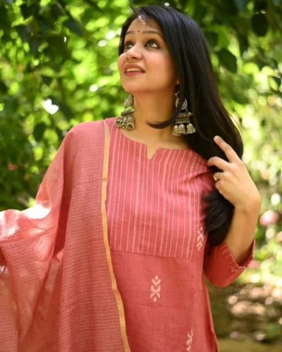 Pink Handloom South Cotton Salwar Suit Set