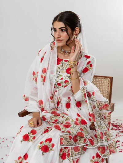 White Gulabi Poppy Print Cotton Salwar Suit Set
