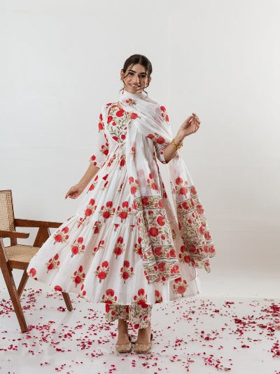White Gulabi Poppy Print Cotton Salwar Suit Set
