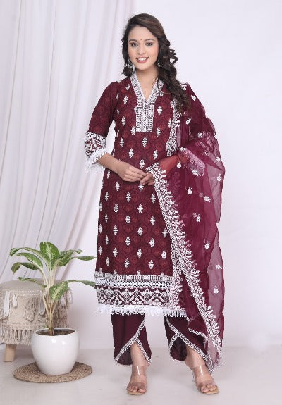 Maroon Heavy Rayon Thread Work Embroidered Salwar Suit Set