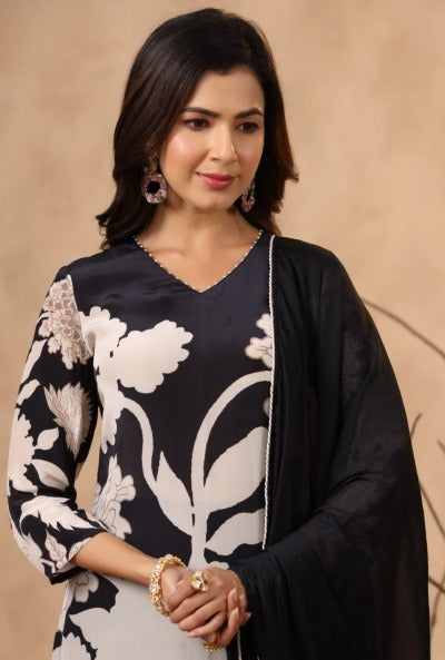 Black Crepe Silk Digital Print Salwar Suit Set