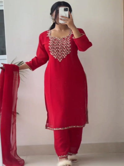 Red Faux Georgette Handwork Salwar Suit Set