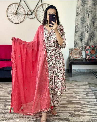 White & Pink Jaipuri Print Cotton Salwar Suit Set