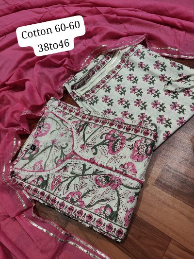 White & Pink Jaipuri Print Cotton Salwar Suit Set