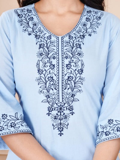 Powder Blue Pakistani Embroidery Cotton Kurti Pant Set