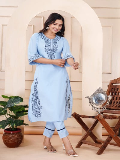 Powder Blue Pakistani Embroidery Cotton Kurti Pant Set