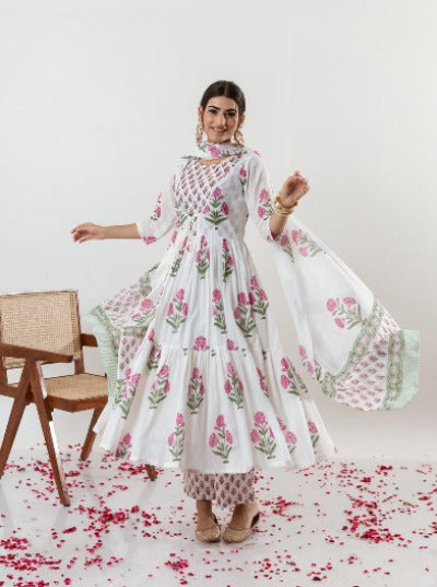 White With Pink Floral Print Cotton Salwar Suit Set