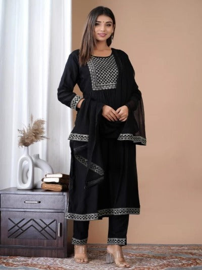 Black Cotton Sequence Work Salwar Suit Set ( Set of 3 )