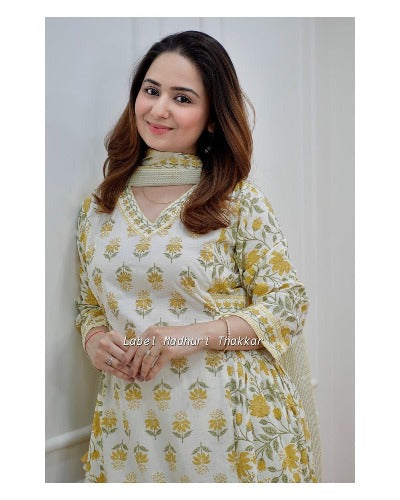 Yellow & White Floral Cotton Afghani Salwar Suit Set