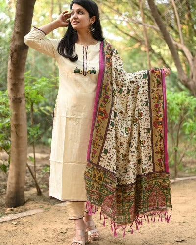 Cream Elephant Print Cotton Salwar Suit Set