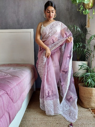 Pure Soft Organza Silk Embroidery And Lace Work  Saree