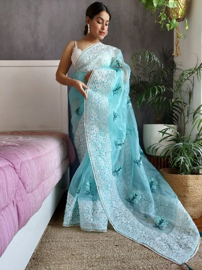 Pure Soft Organza Silk Embroidery And Lace Work  Saree