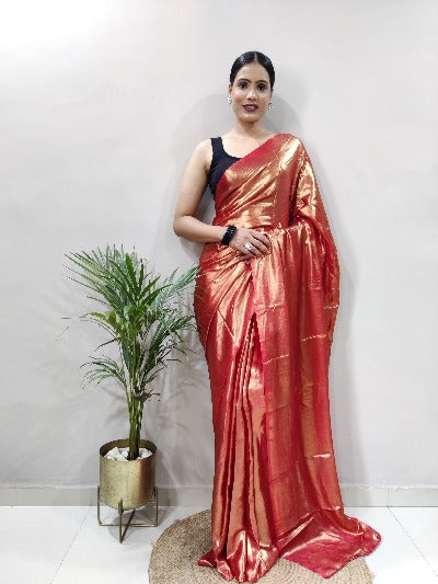 Rust Gold Ready to Wear Shimmer Satin Silk Pre Draped Sari