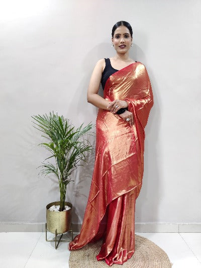 Rust Gold Ready to Wear Shimmer Satin Silk Pre Draped Sari
