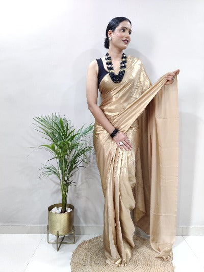 Gold Ready to Wear Shimmer Satin Silk Pre Draped Sari
