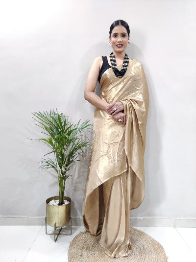Gold Ready to Wear Shimmer Satin Silk Pre Draped Sari