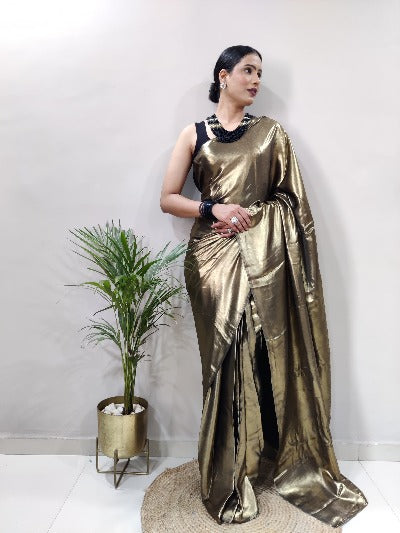 Black Gold Ready to Wear Shimmer Satin Silk Pre Draped Sari