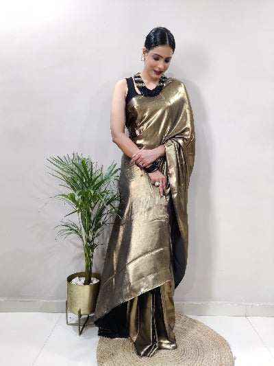 Black Gold Ready to Wear Shimmer Satin Silk Pre Draped Sari