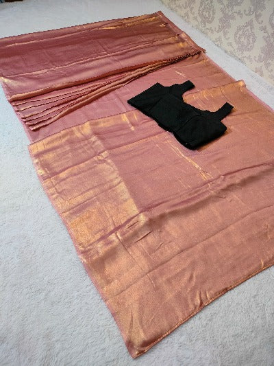 Pink Gold Ready to Wear Shimmer Satin Silk Pre Draped Sari