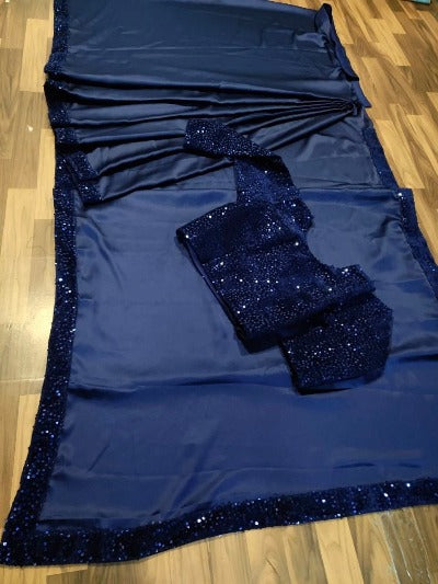 Navy Blue Sequin Ready to Wear Shimmer Satin Silk Pre Draped Sari