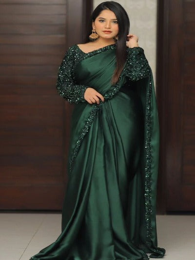 Green Sequin Ready to Wear Shimmer Satin Silk Pre Draped Sari