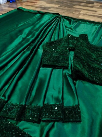 Sequin Ready to Wear Shimmer Satin Silk Pre Draped Sari