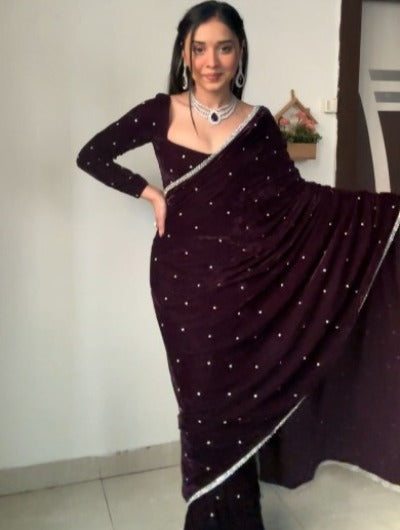Dark Purple Sequin Ready to Wear Velvet Pre Draped Sari