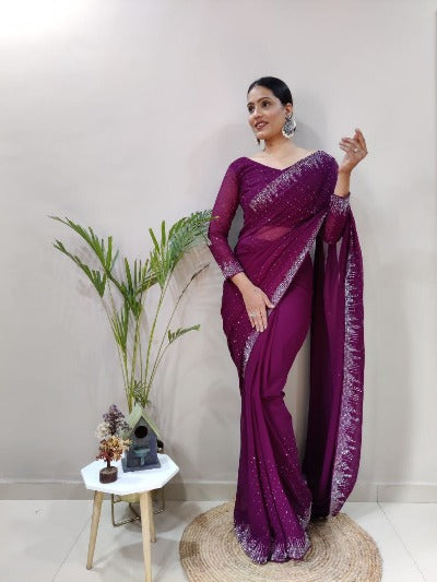 1 Min Wine Georgette Swarovski Work Stitched Readymade Saree