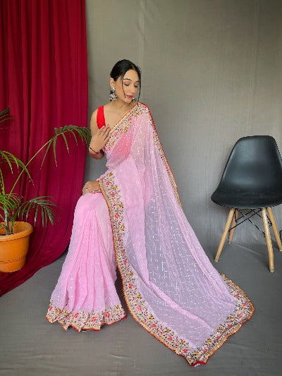 Baby Pink Pure Georgette Sequence Work Saree