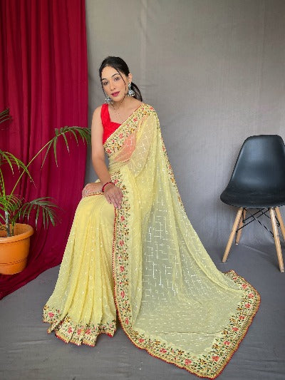 Light Yellow Pure Georgette Sequence Work Saree