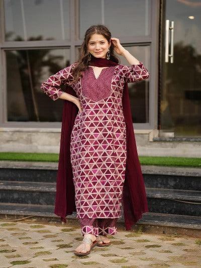 Maroon Intricate Proceen Print Cotton Salwar Suit Set