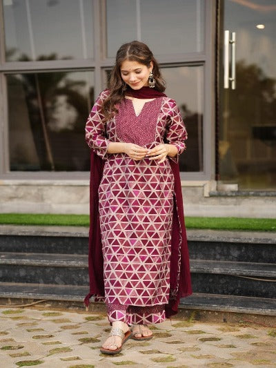 Maroon Intricate Proceen Print Cotton Salwar Suit Set