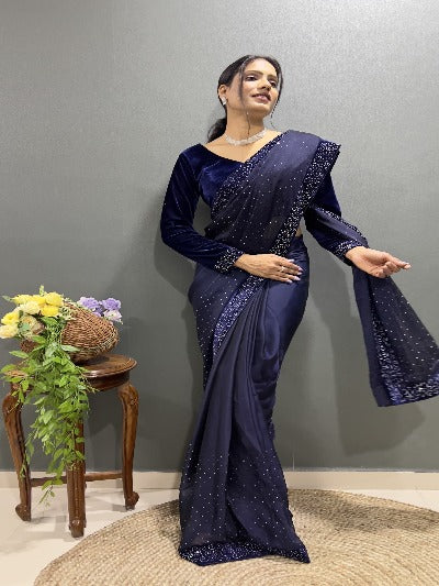 1 Min Navy Blue Rangoli Silk Stitched Readymade Saree With Velvet Blouse