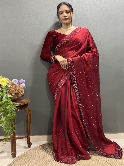 1 Min Red Rangoli Silk Stitched Readymade Saree With Velvet Blouse