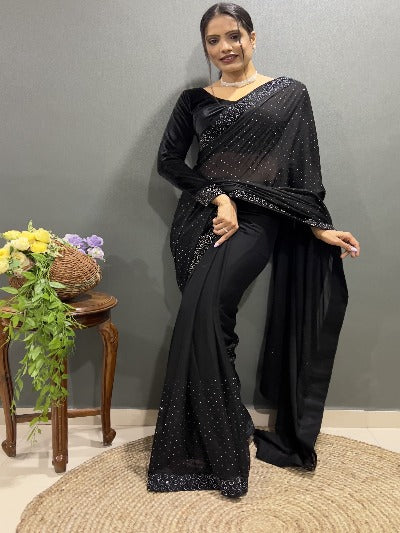 1 Min Black Rangoli Silk Stitched Readymade Saree With Velvet Blouse