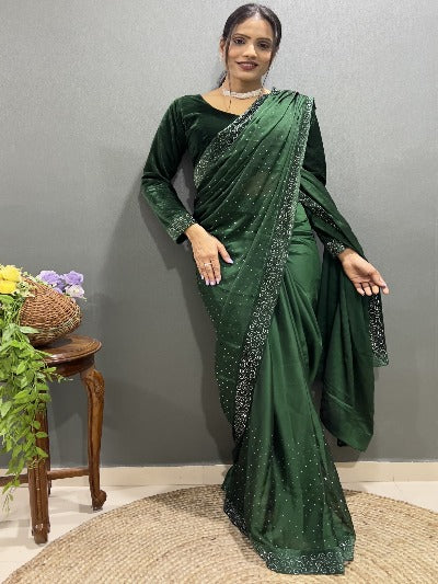 1 Min Green Rangoli Silk Stitched Readymade Saree With Velvet Blouse