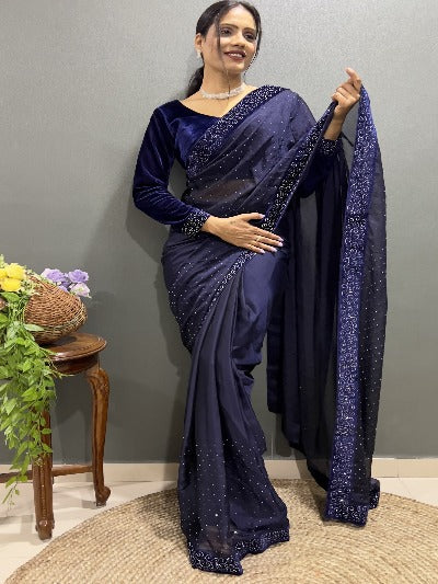 1 Min Navy Blue Rangoli Silk Stitched Readymade Saree With Velvet Blouse