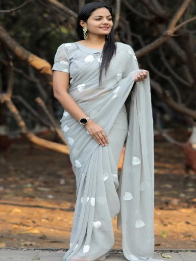 Ash Grey Georgette Saree With Readymade Stitched Blouse