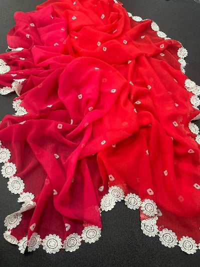 Red Pure Georgette Bandhani Printed Saree