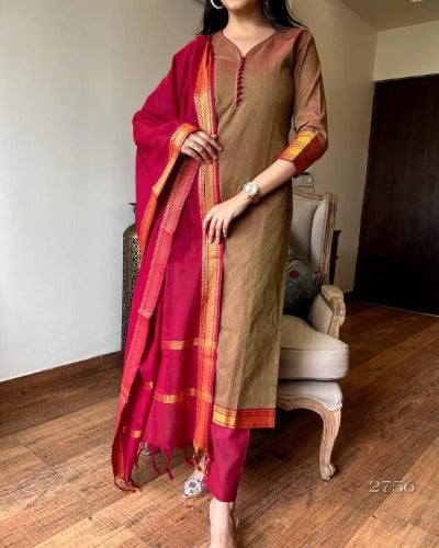 Pure South Cotton Handloom Golden Zari Thread Salwar Suit Set