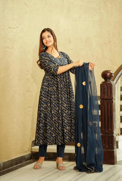 Blue Alia Pattern Leheriya Print Salwar Suit Set