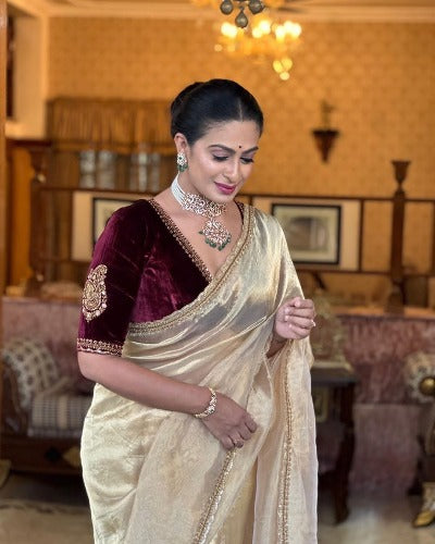 Gold Tissue Saree with Readymade Stitched Blouse